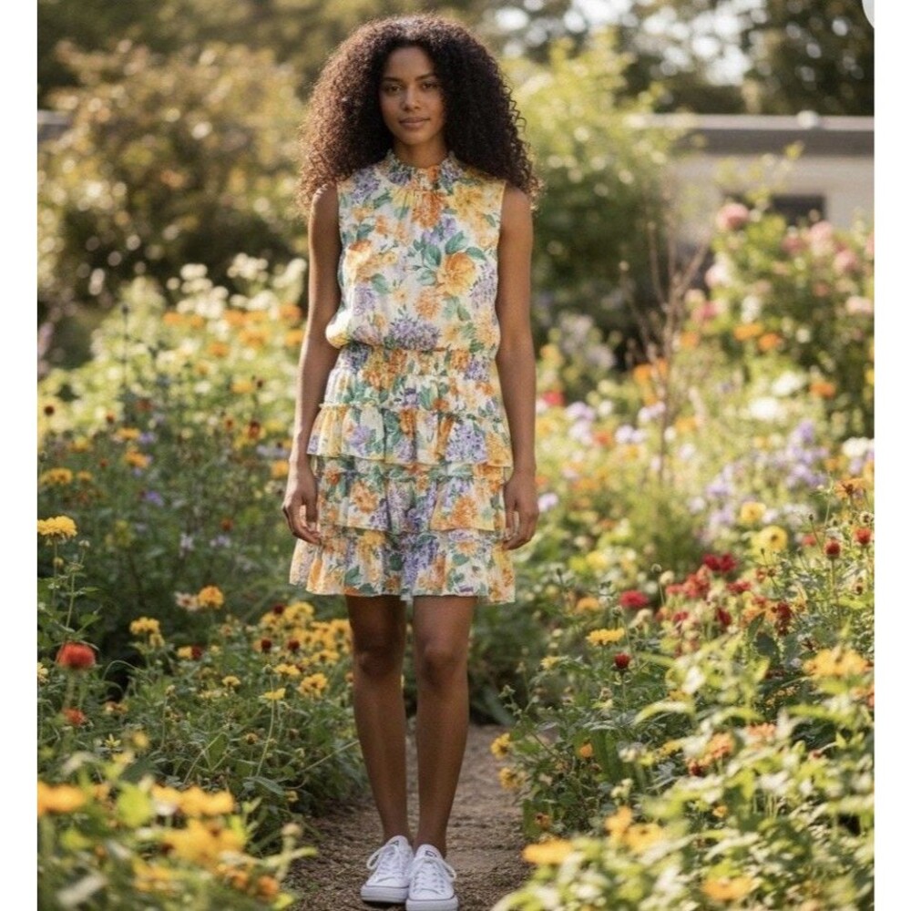 Express Peach Purple Floral Ruffle High Neck A-Line Dress Sleeveless Short L
